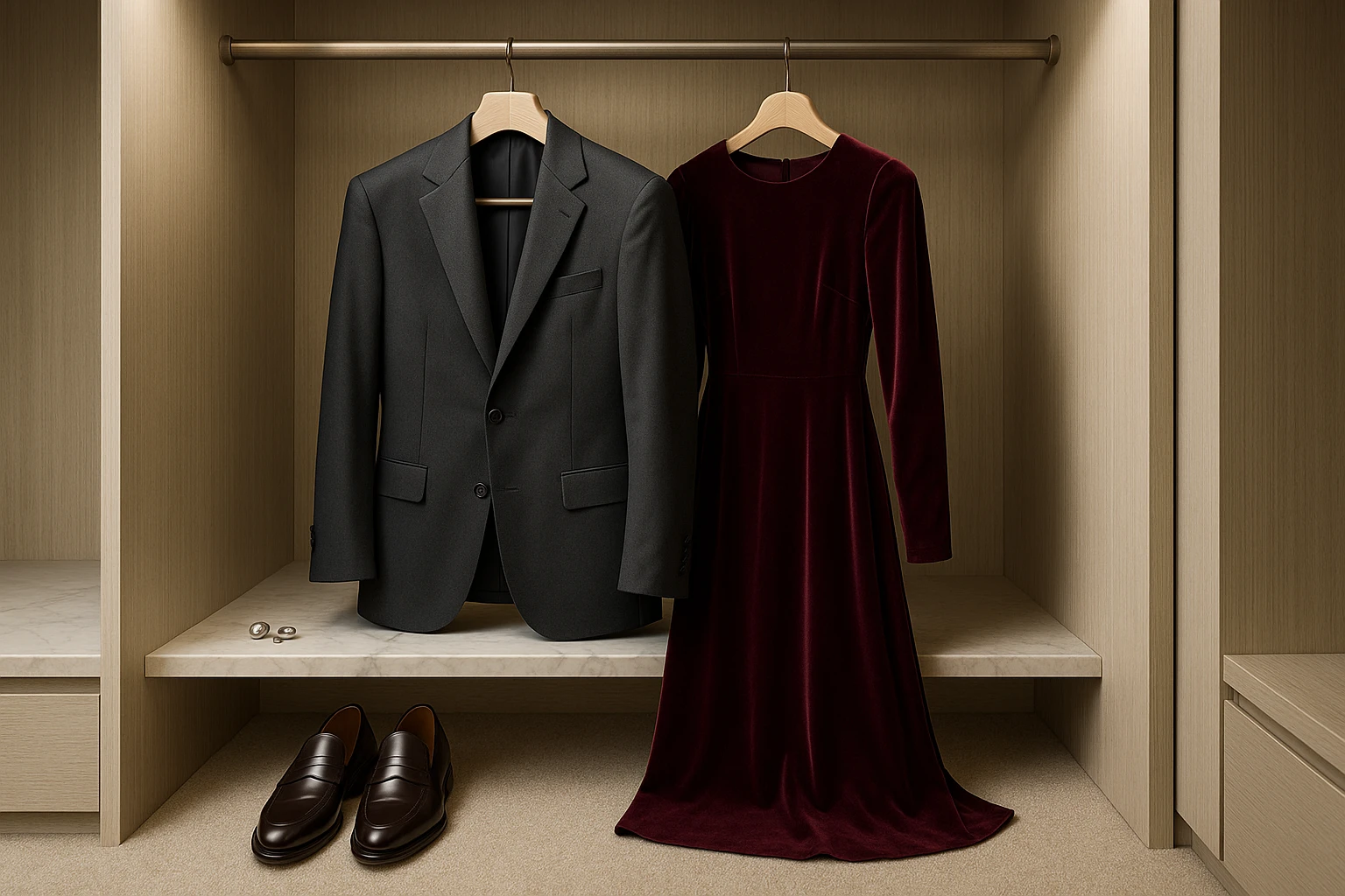 A well-lit walk-in closet displaying a minimalist capsule wardrobe: a sleek charcoal gray suit hanging beside a deep burgundy velvet dress, silver cufflinks placed on a marble shelf, and a pair of polished leather loafers neatly aligned on a plush beige carpet.