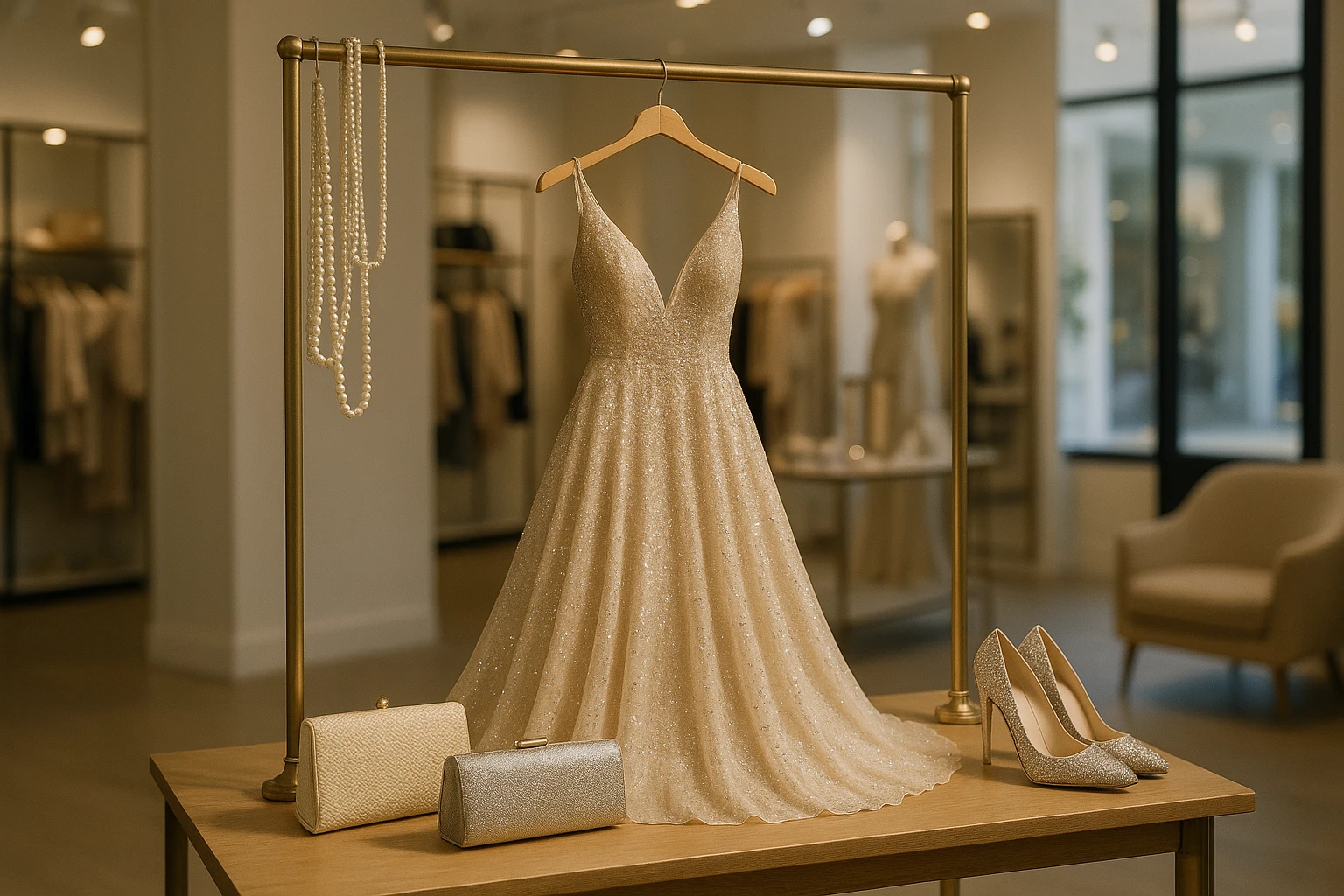 A glamorous gown displayed on a clothing rack surrounded by a variety of elegant accessories like pearl necklaces, chic clutches, and sparkling high heels, set against the backdrop of a well-lit, stylish boutique interior.