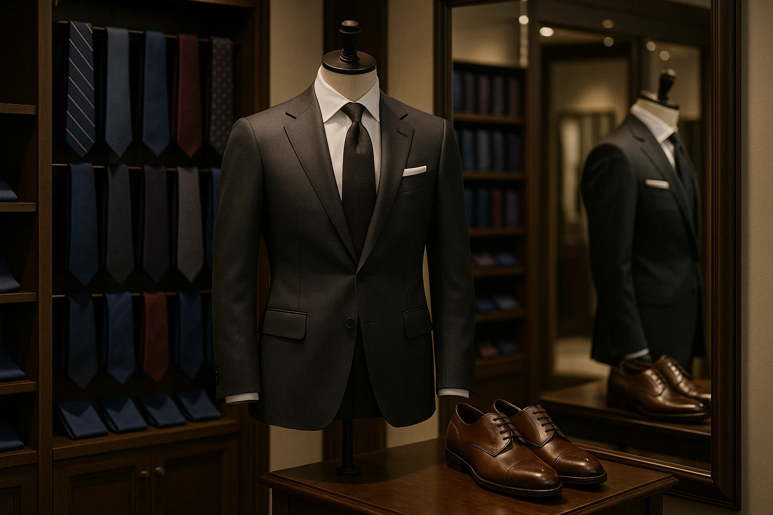 A well-tailored suit displayed on a mannequin in a posh retail store, surrounded by an array of elegant ties, pocket squares, and polished leather dress shoes, with a large wall mirror reflecting the scene.