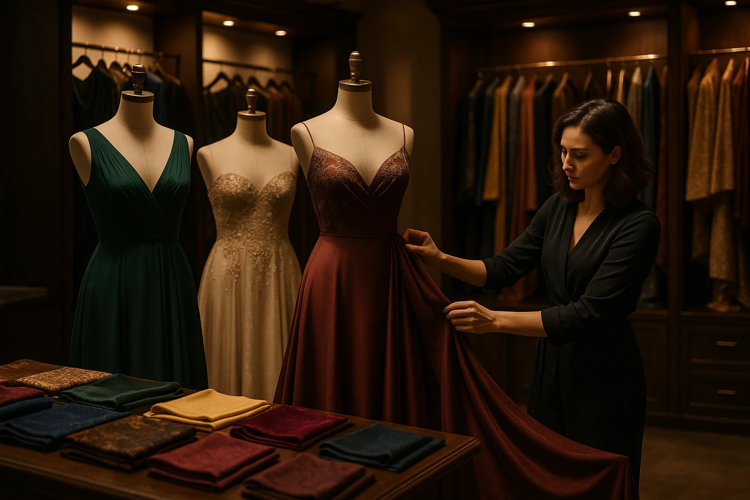A luxurious boutique with elegant evening gowns displayed on mannequins, surrounded by swatches of rich fabrics and a stylist adjusting a dress under soft, ambient lighting.