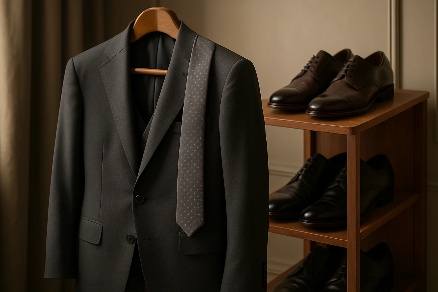 A tailored suit carefully laid on a wooden valet stand with a silk tie draped over the shoulder, beside a cedar shoe rack holding polished leather shoes in a softly lit, elegant dressing room.