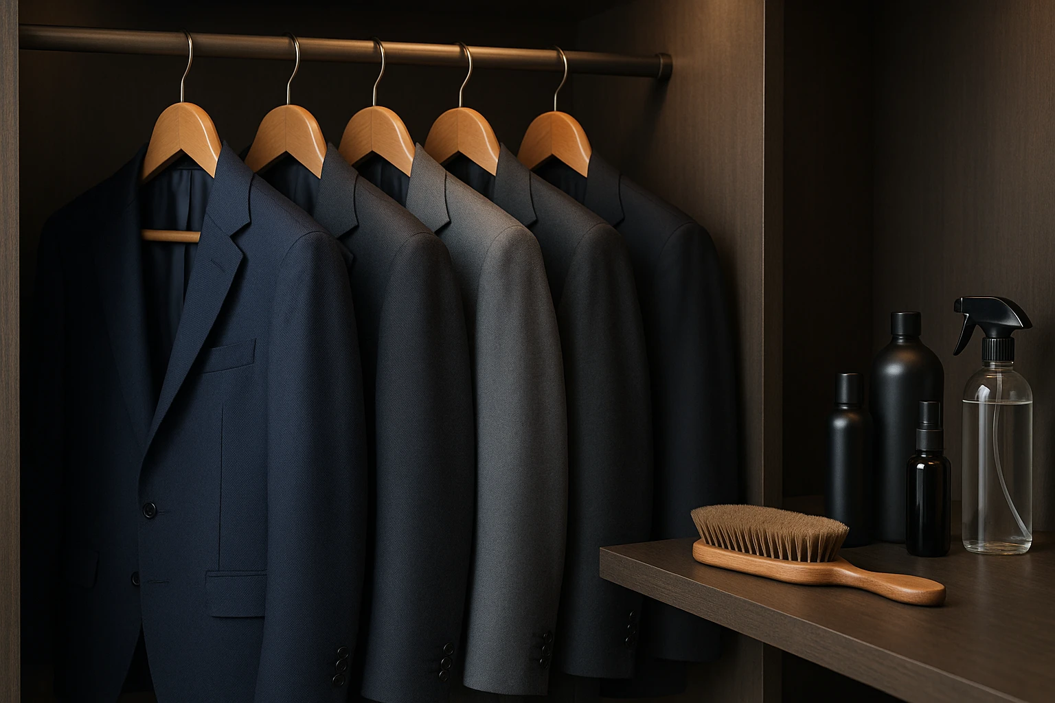 A row of formal jackets hanging neatly on wooden hangers inside a spacious walk-in closet, with a nearby shelf displaying fabric brushes and specialized garment care products, illuminated by soft, ambient lighting.