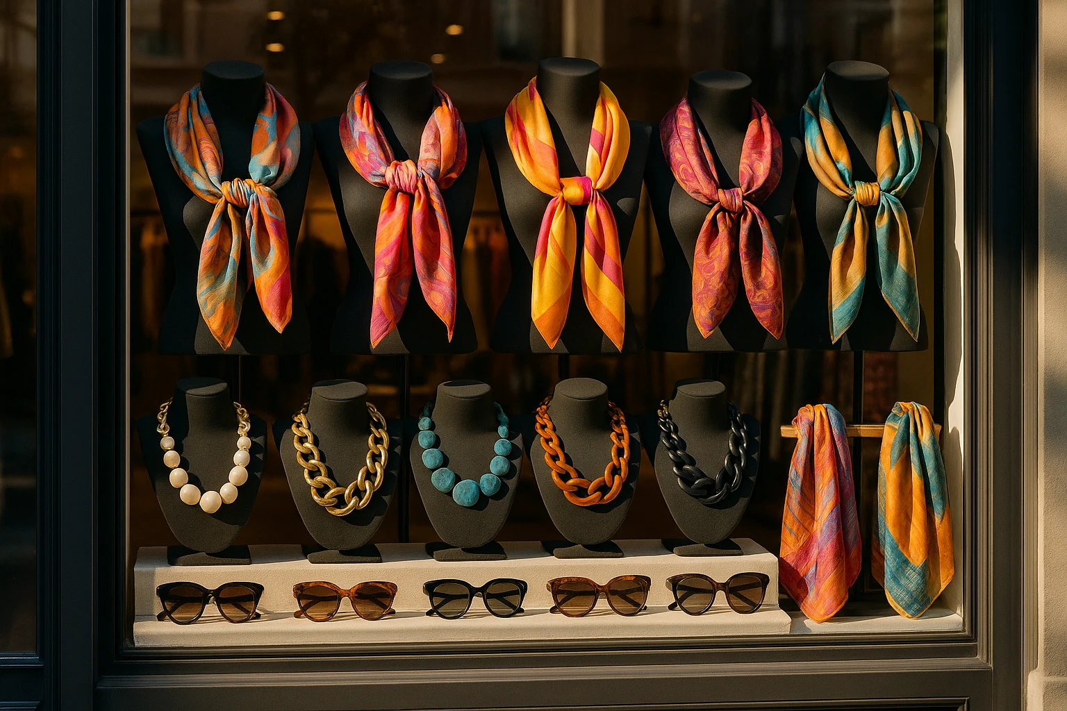 A chic boutique storefront displaying a vibrant array of silk scarves, statement necklaces, and fashion-forward sunglasses, with sunlight casting a glow on the glass display, enticing passersby.