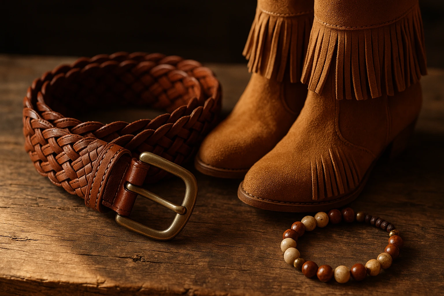 A close-up of a collection of accessories featuring a woven leather belt, a pair of fringed suede boots, and a beaded bracelet on a rustic wooden table, with sunlight highlighting their intricate textures and patterns.