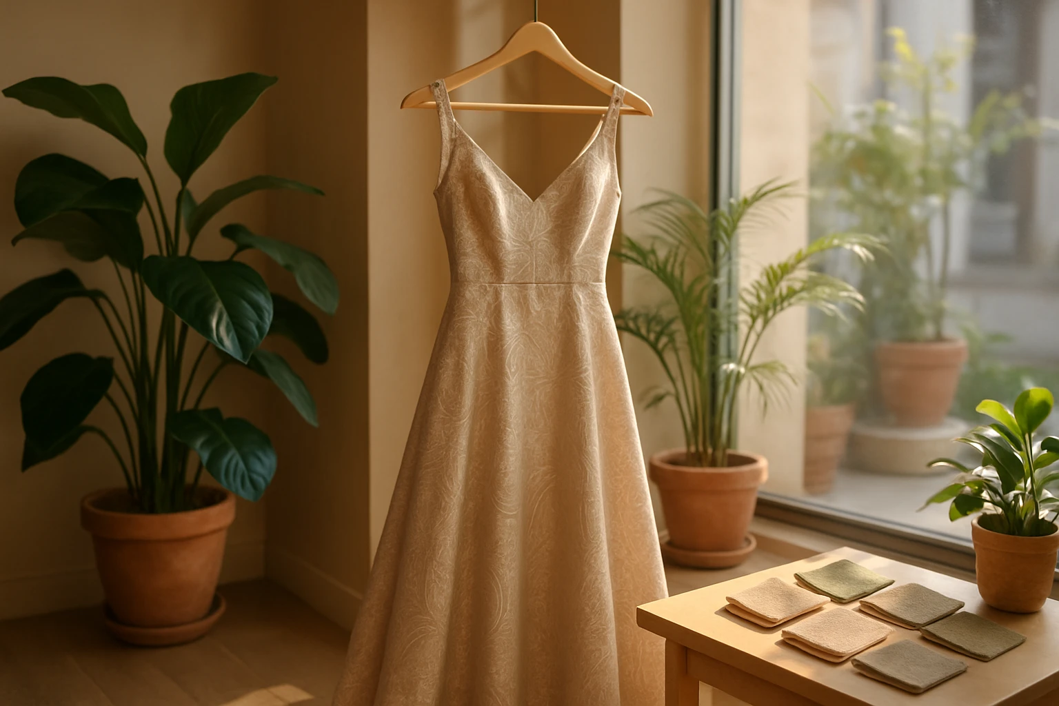 An elegant evening dress hanging on a wooden hanger in a sunlit boutique, crafted from shimmering organic cotton, with intricate patterns inspired by nature, surrounded by potted plants and a small display of eco-friendly fabric swatches.