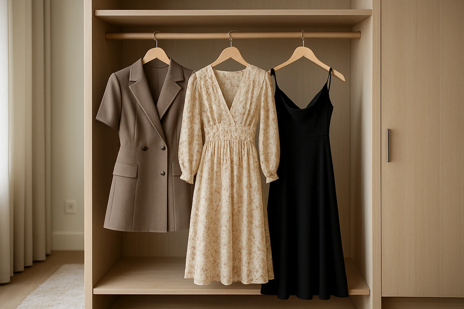 A neatly organized closet showcasing dresses of various styles and colors: a structured blazer dress, a flowing floral midi, and an elegant evening gown on sleek wooden hangers, set against a backdrop of a softly lit, modern room with a plush rug.