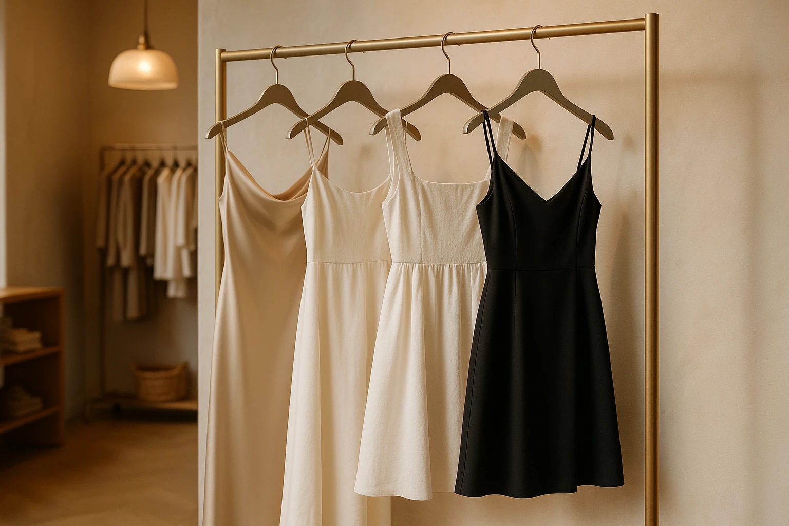 A cozy boutique interior with soft lighting, displaying a curated rack of high-quality dresses. The rack includes a luxurious silk gown, a classic cotton sundress, and a chic, synthetic blend cocktail dress, all hanging gracefully on sleek metallic hangers against a textured, pastel-colored wall.