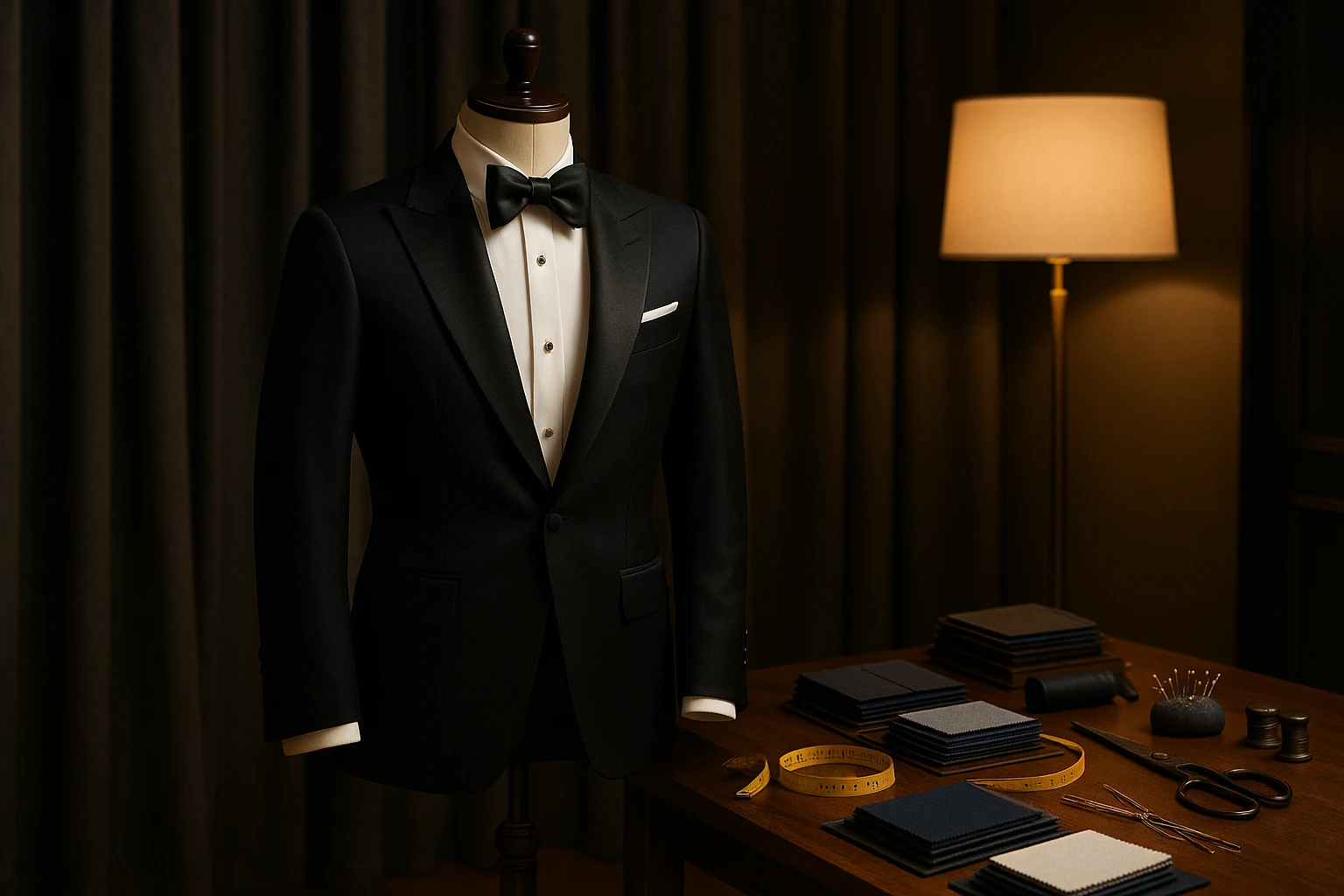 A well-dressed mannequin stands inside an elegant showroom, showcasing a tailored tuxedo with various fabric swatches, measuring tapes, and sewing tools neatly arranged on a nearby table, accompanied by elegant lighting that highlights the quality and customization options available.