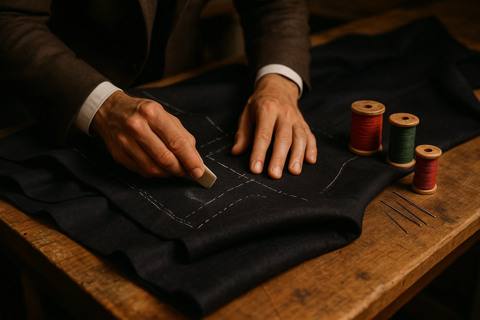 A close-up of a tailor's hands crafting a bespoke suit, with rich fabric draped over a wooden workbench, surrounded by sewing needles, colorful thread spools, and chalk markings on the fabric, highlighting the customization process.