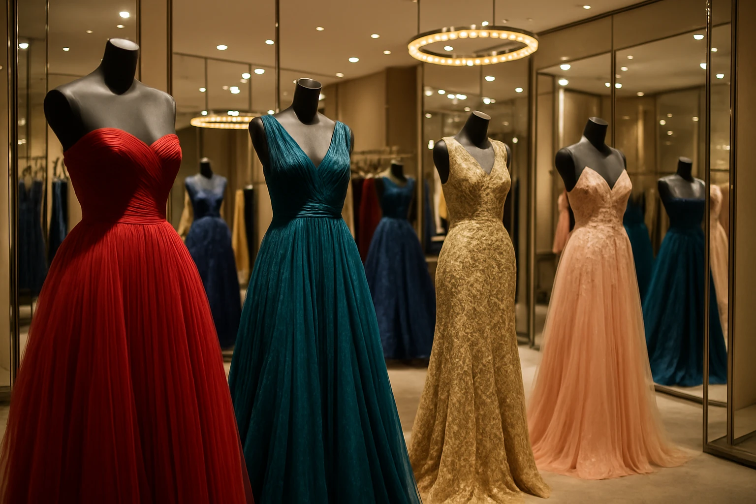 A luxurious boutique interior showcases an array of elegant, high-fashion gowns on sleek mannequins, surrounded by ambient lighting and mirrored walls, highlighting the intricate details and vibrant colors of each piece.