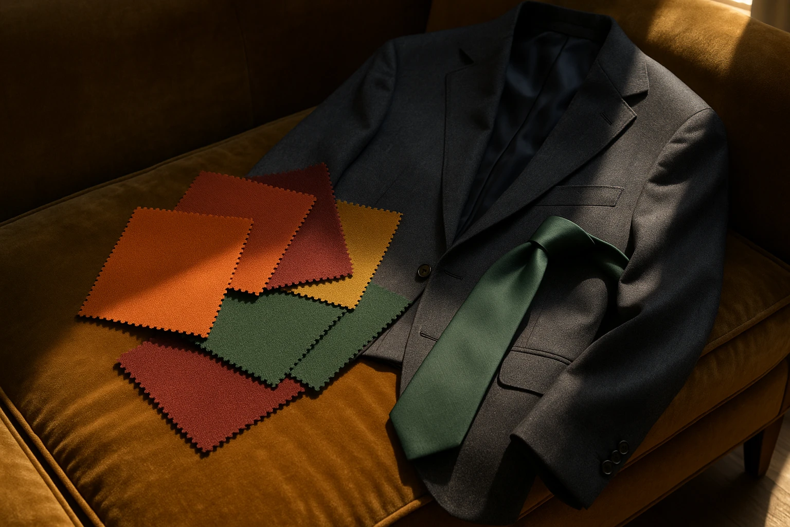 A collection of fabric swatches featuring rich autumnal tones like burnt orange, deep burgundy, and forest green, artfully arranged next to a tailored charcoal suit and a coordinating silk tie on a plush velvet sofa, illuminated by natural sunlight streaming through a nearby window.