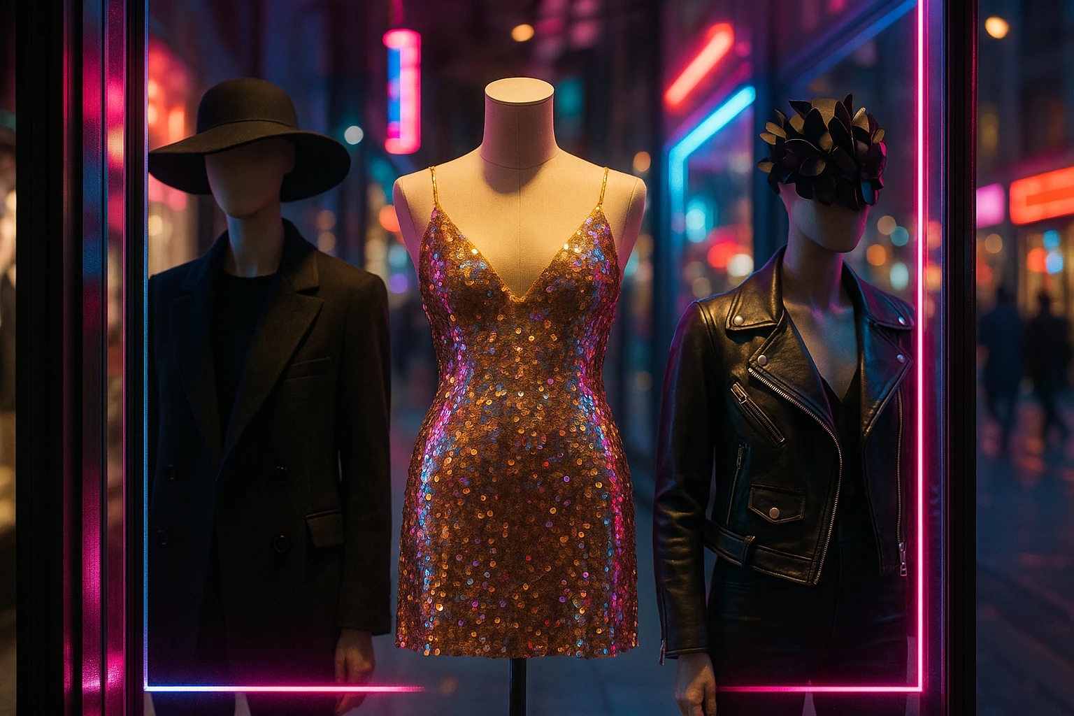 A chic boutique window display showcasing a stunning sequined dress under vibrant neon lights, with trendy mannequins donning avant-garde accessories, situated on a bustling urban street.