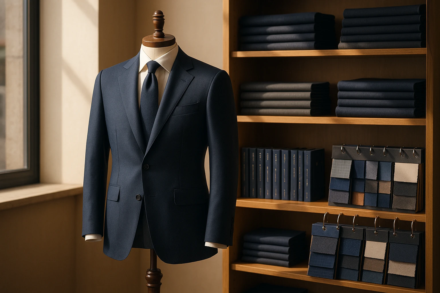 A beautifully crafted bespoke suit hanging elegantly on a tailor’s mannequin in a sunlit boutique, with shelves of fabric samples and swatches displayed nearby, showcasing the range of customization available.