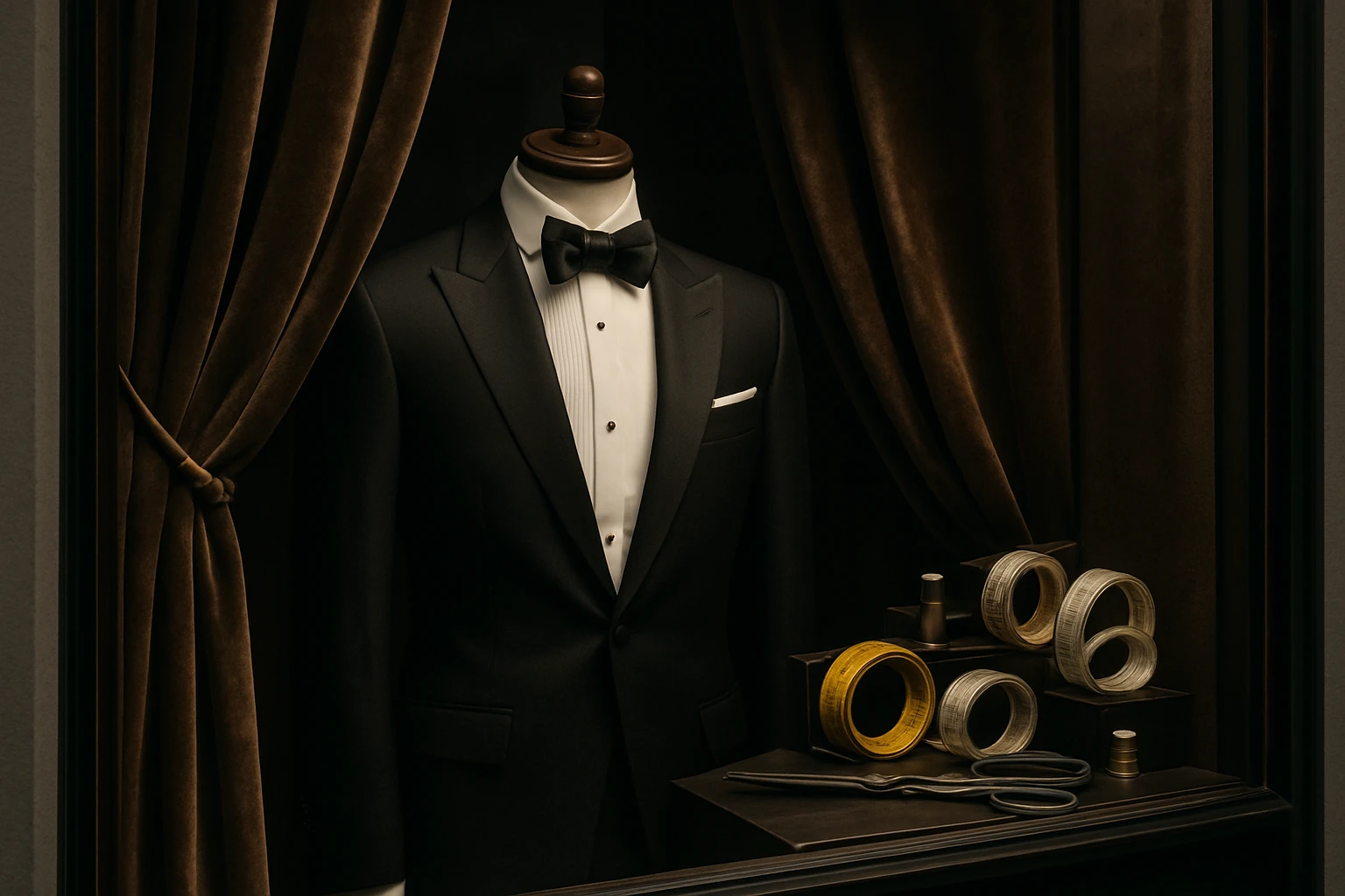 A sophisticated storefront window showcasing a mannequin dressed in an elegant custom tuxedo, nestled between plush, velvet drapes; nearby, a display of intricate tailor's tools and measuring tapes highlights the precision and craftsmanship of bespoke services.