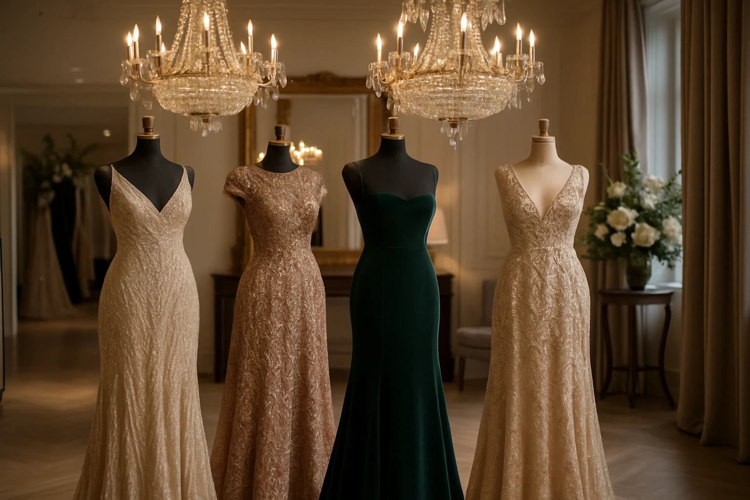 A luxurious boutique setting with elegant designer dresses on display; the dresses feature intricate beadwork and rich fabrics, set against a backdrop of sophisticated decor with crystal chandeliers.