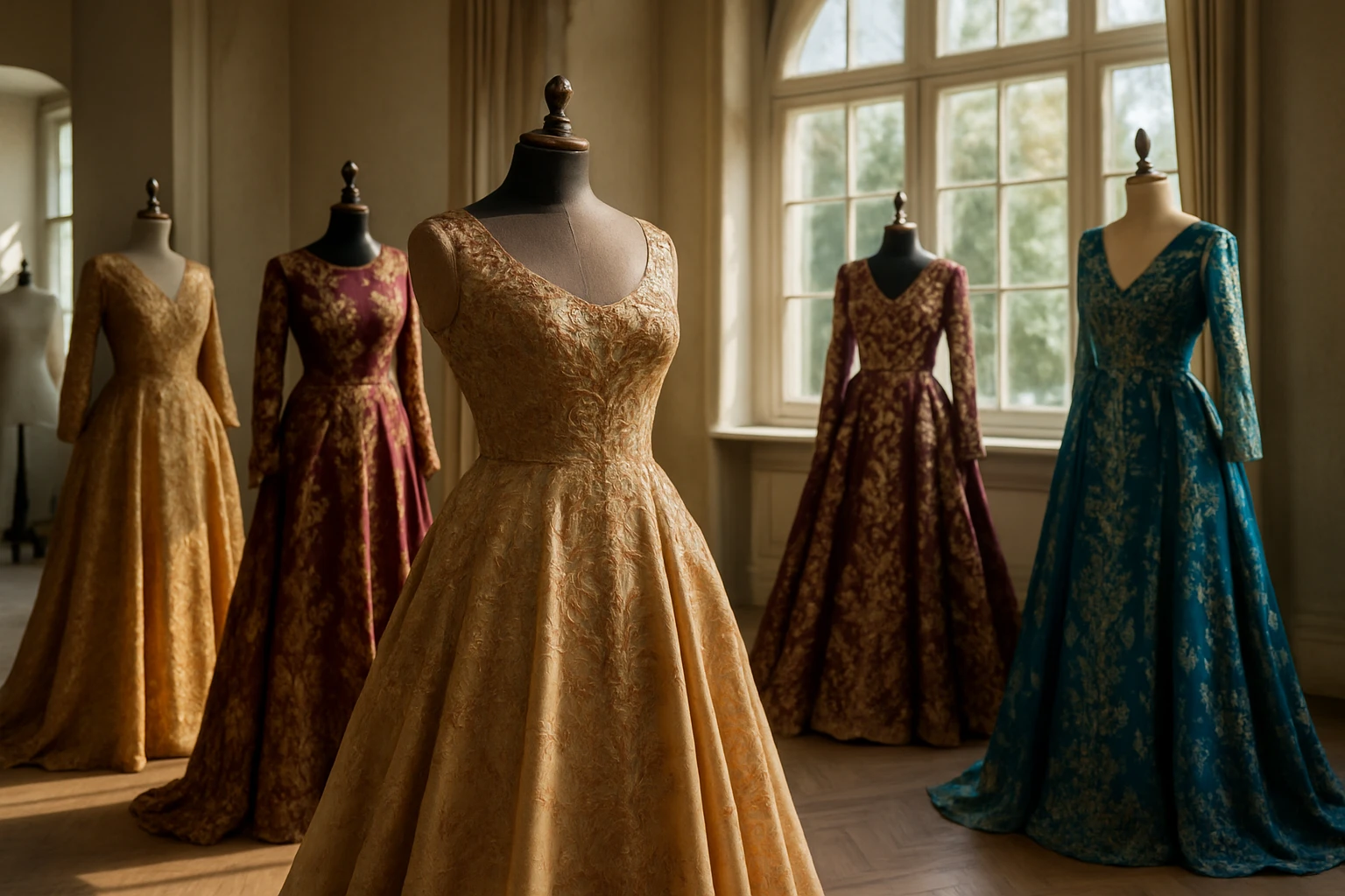 An elegant atelier surrounded by mannequins draped in opulent, floor-length designer dresses with elaborate embroidery, showcased in front of a large, sunlit window that highlights the fabric's luster and colors.
