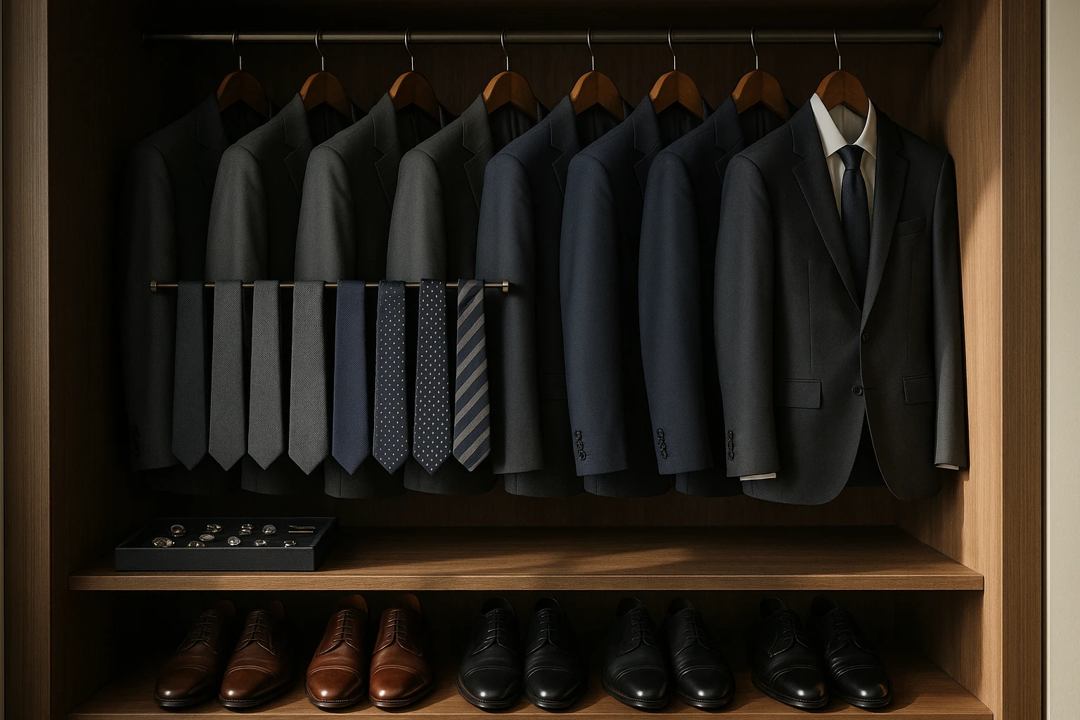 A neatly organized wardrobe with formal attire: sleek suits on wooden hangers, ties arranged on a rack, polished shoes on display at the bottom, and a dedicated shelf for cufflinks and accessories, all bathed in natural morning light.