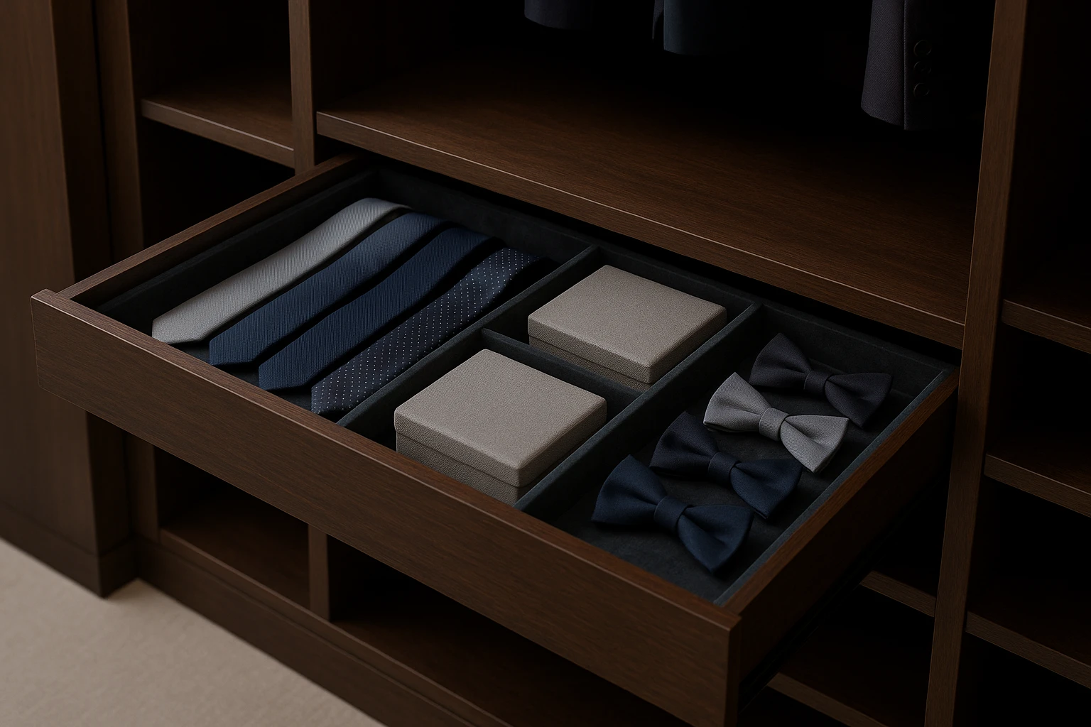 Inside a minimalist walk-in closet, a series of pull-out drawers lined with velvet neatly stores formal wear: carefully folded silk ties, fabric-covered boxes for pocket squares, and a designated section for bow ties, all set against a backdrop of dark mahogany shelves.