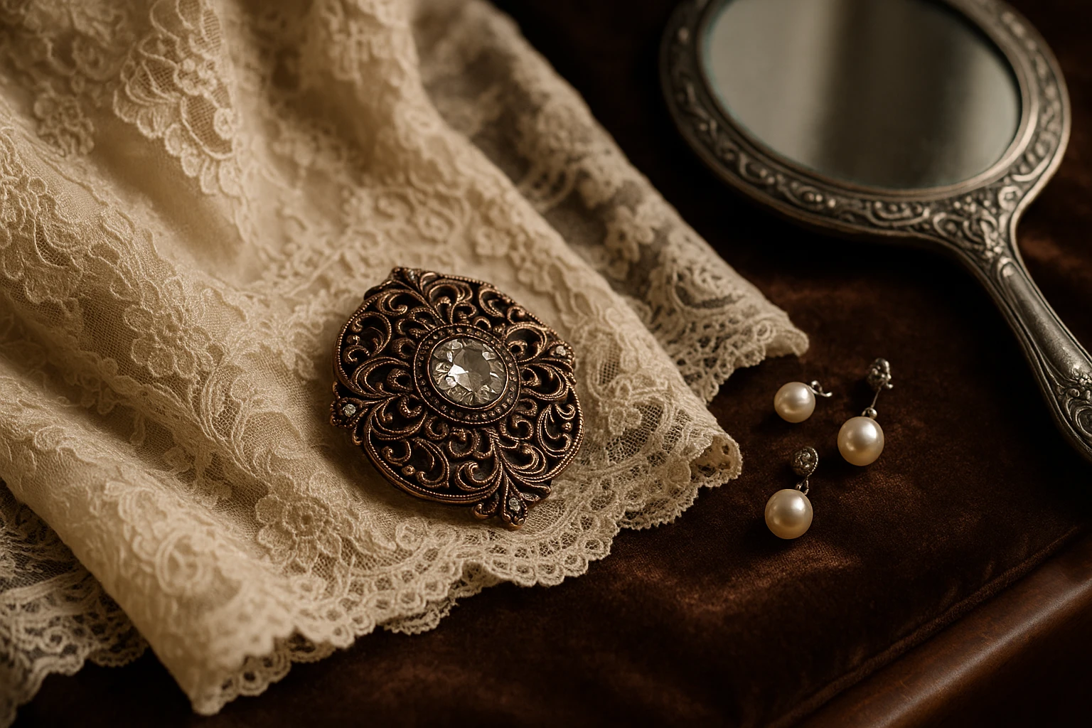 A close-up of an ornate vintage brooch with intricate detailing, nestled gently on the rich fabric of an antique lace evening gown, surrounded by delicate pearl earrings and a silver hand mirror on a velvet-lined dressing table.