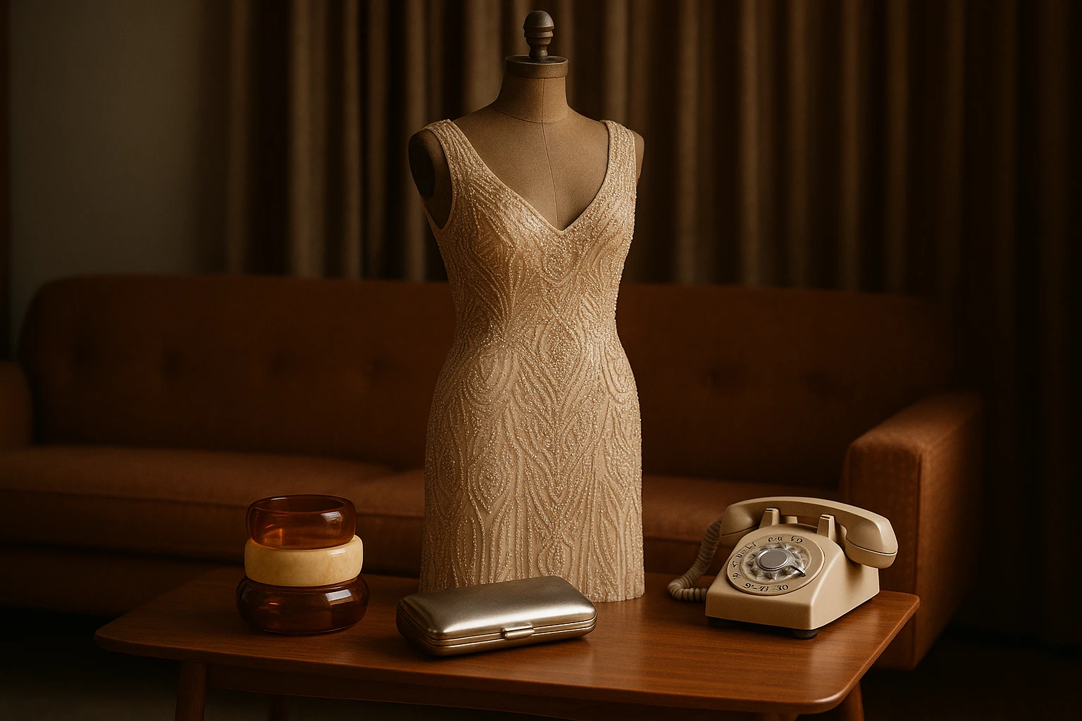 A vintage evening gown with intricate beading is displayed on a dress form, surrounded by modern acrylic bangles and a sleek metallic clutch on a mid-century modern coffee table, with a 1970s rotary phone nearby for a touch of eclectic charm.