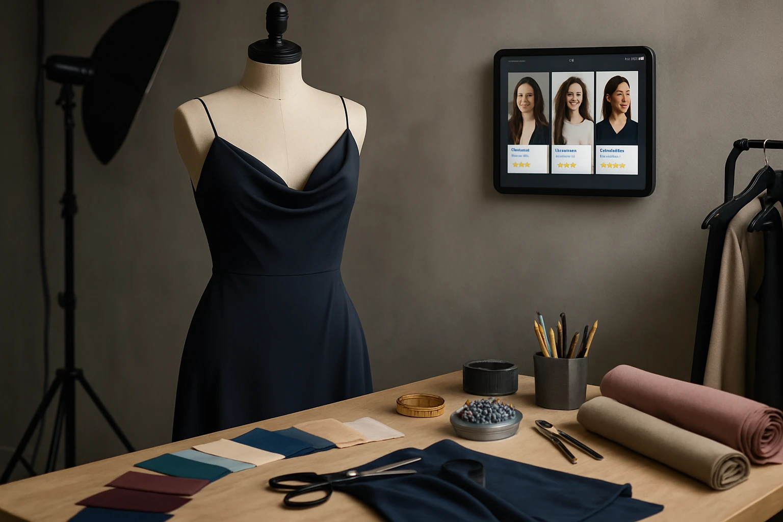 A modern fashion studio with a mannequin dressed in a stylish evening gown surrounded by fabric swatches and designer tools, where a wall-mounted tablet displays an AI app recommending top-rated stylists for event outfits.