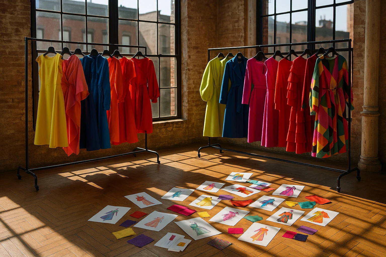 A chic SoHo loft interior filled with racks showcasing vibrant, avant-garde clothing pieces; sunlight streams through large industrial windows, casting patterns on a wooden floor scattered with bespoke fashion sketches and swatches.