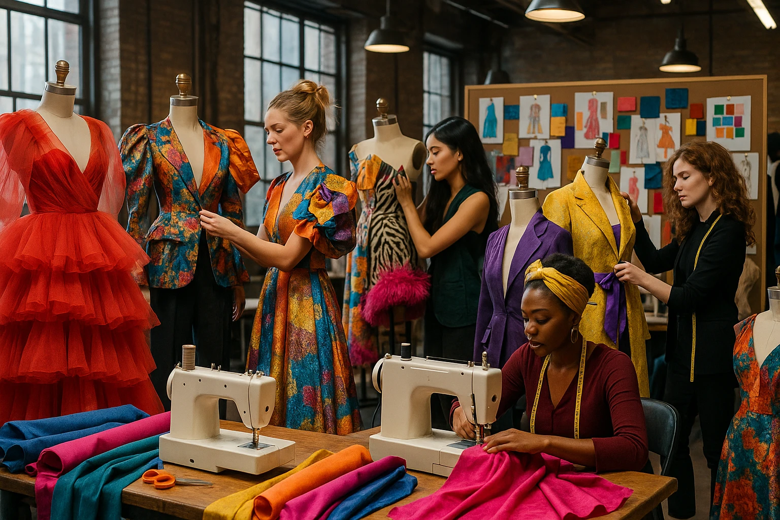A bustling NYC fashion show backstage filled with vibrant fabrics, sewing machines, mannequins dressed in eclectic high-fashion ensembles, and designers frantically adjusting garments while a board displays colorful sketches and fabric swatches.