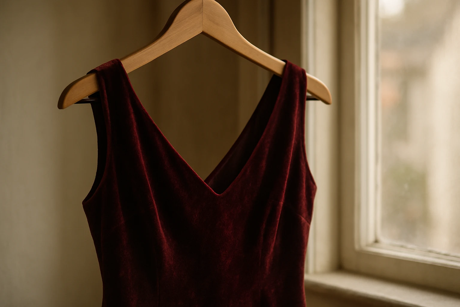 A close-up of a velvet gown hanging gently from a wooden clothes hanger, illuminated by soft natural light filtering through a window, showcasing the rich texture and deep color of the fabric.
