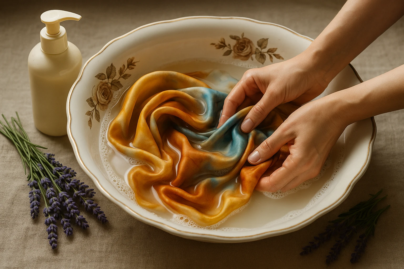 A scene showing a silk scarf being gently washed by hand in a vintage porcelain basin filled with lukewarm water, surrounded by a bottle of mild detergent and fresh lavender sprigs for a touch of luxury.