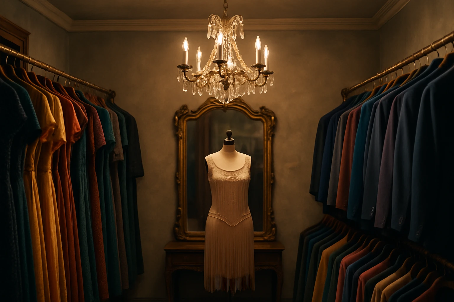 A cozy vintage boutique interior with racks of colorful dresses and suits; a stylish chandelier hangs above, casting a soft glow on an ornate mirror reflecting a mannequin dressed in a classic 1920s flapper dress.