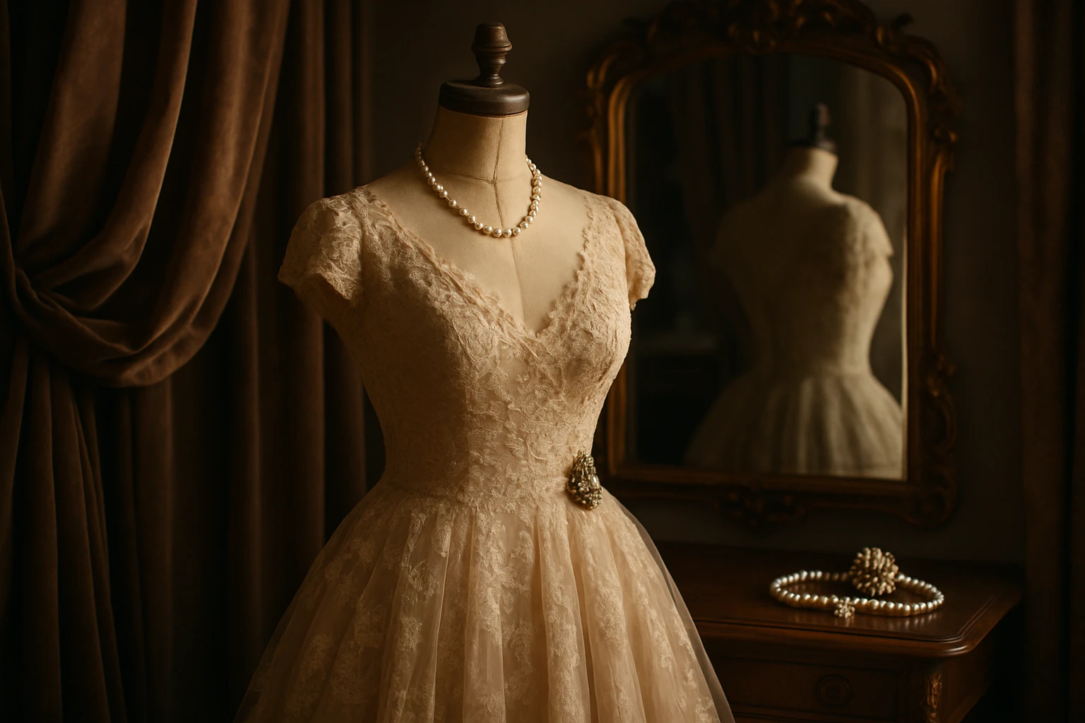 A beautifully detailed vintage gown draped over a mannequin, surrounded by accessories like a pearl necklace and an antique brooch; the scene is set in a softly lit, classic boutique with velvet drapes and an ornate mirror reflecting the dress.
