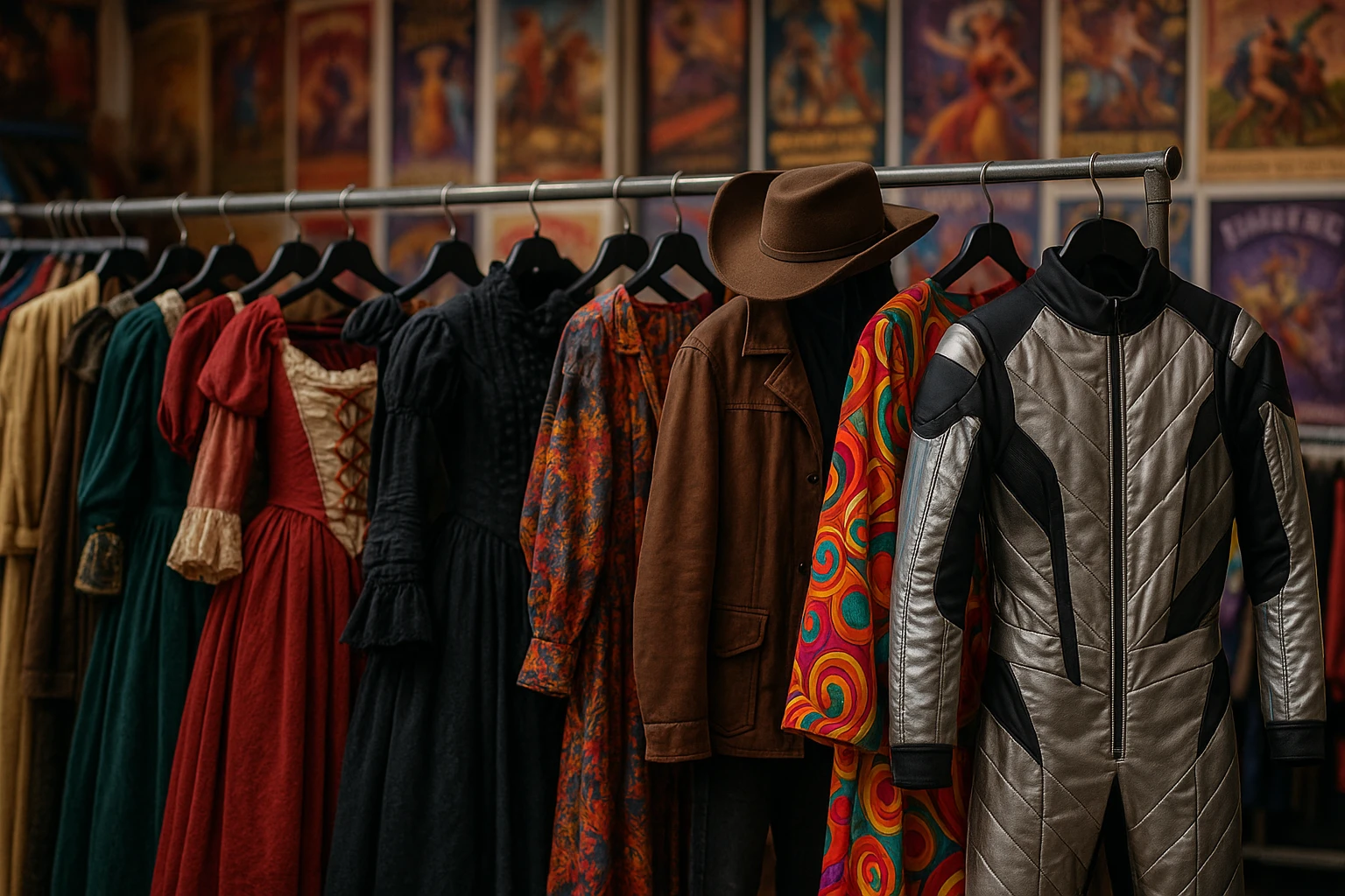 A rack of themed costumes showcasing a variety of eras, from Renaissance gowns to futuristic outfits, in a bustling costume rental shop with vibrant posters of past events adorning the walls.