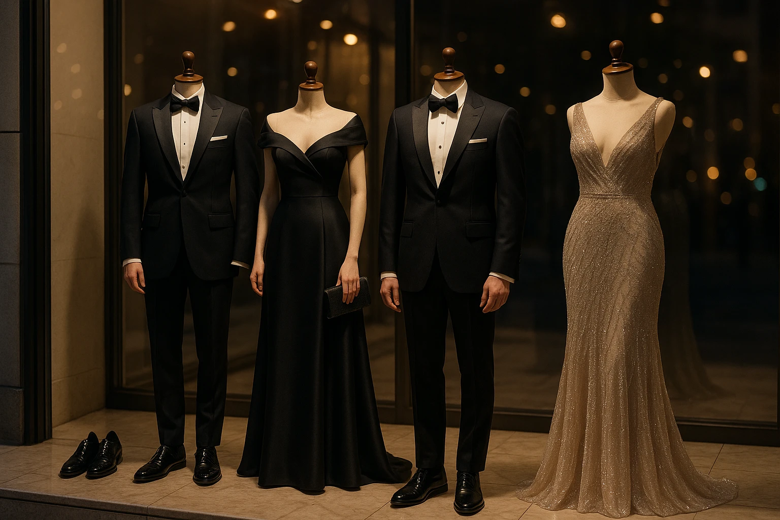 A row of elegantly tailored tuxedos and gowns displayed in a boutique window, accented by soft evening lights, with stylish mannequins posing on a polished marble floor, each adorned with the latest accessories—ties, cufflinks, and clutches that shine subtly.