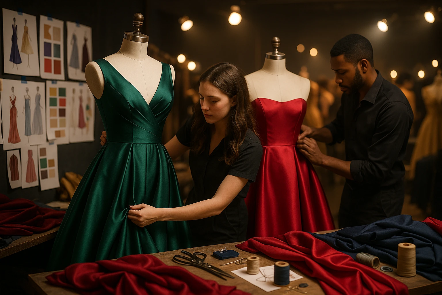 A vibrant backstage setting at a fashion show, where designers are adjusting luxurious formal dresses on mannequins; bolts of rich fabric and sewing tools scattered around, with mood boards displaying sketches and color palettes pinned nearby.