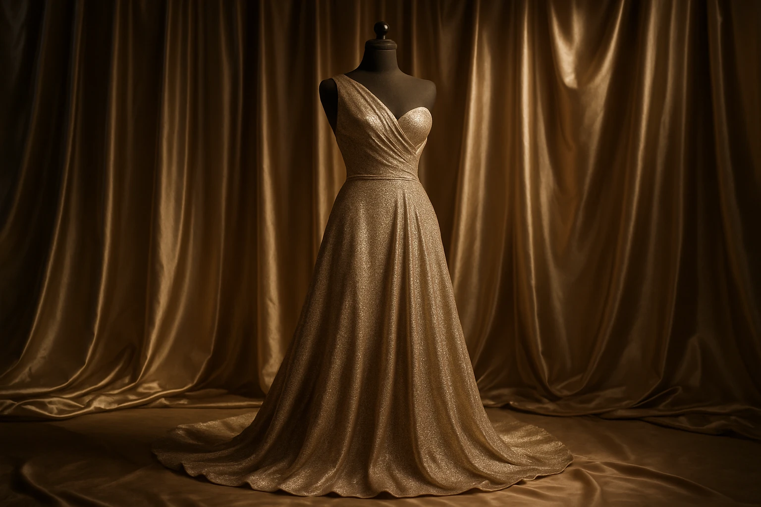 A luxurious evening dress displayed on a satin-lined mannequin, set against a backdrop of cascading silk curtains; a spotlight highlights the shimmering texture and flowing drape of the fabric, evoking the grandeur of a ballroom.