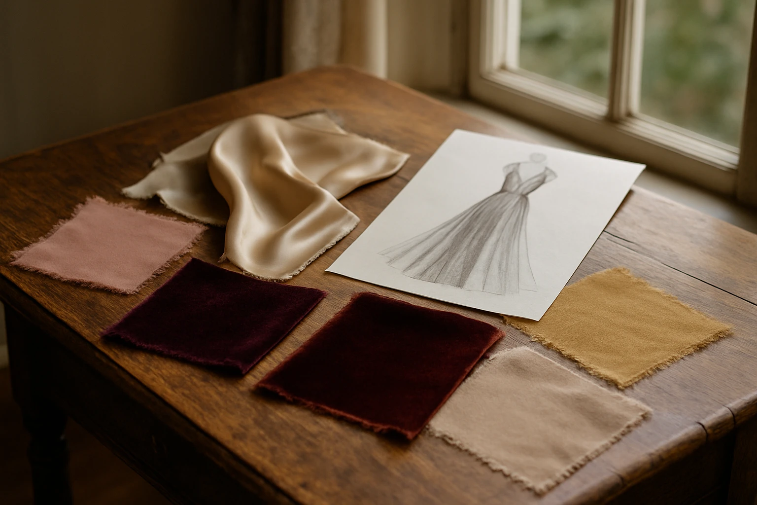 A display of various fabric swatches, including silk, velvet, and chiffon, elegantly arranged on a vintage wooden table; nearby, a sketch of an evening gown showcases design ideas, framed by a window with natural light highlighting the textures and colors.