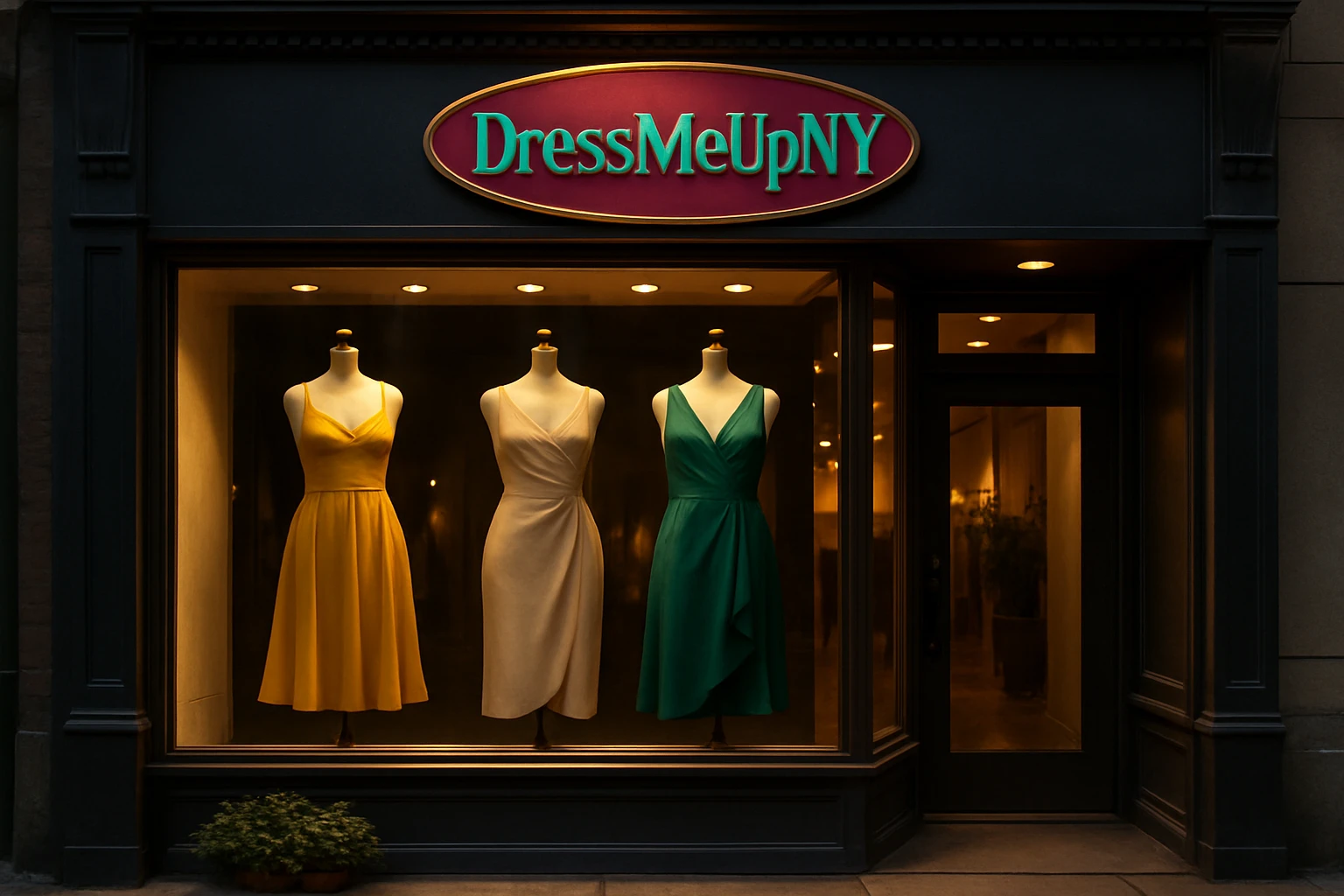 A beautifully designed boutique storefront with a vibrant DressMeUpNY logo, featuring mannequins in elegant, trendy dresses showcased in the window display under warm, inviting lights.