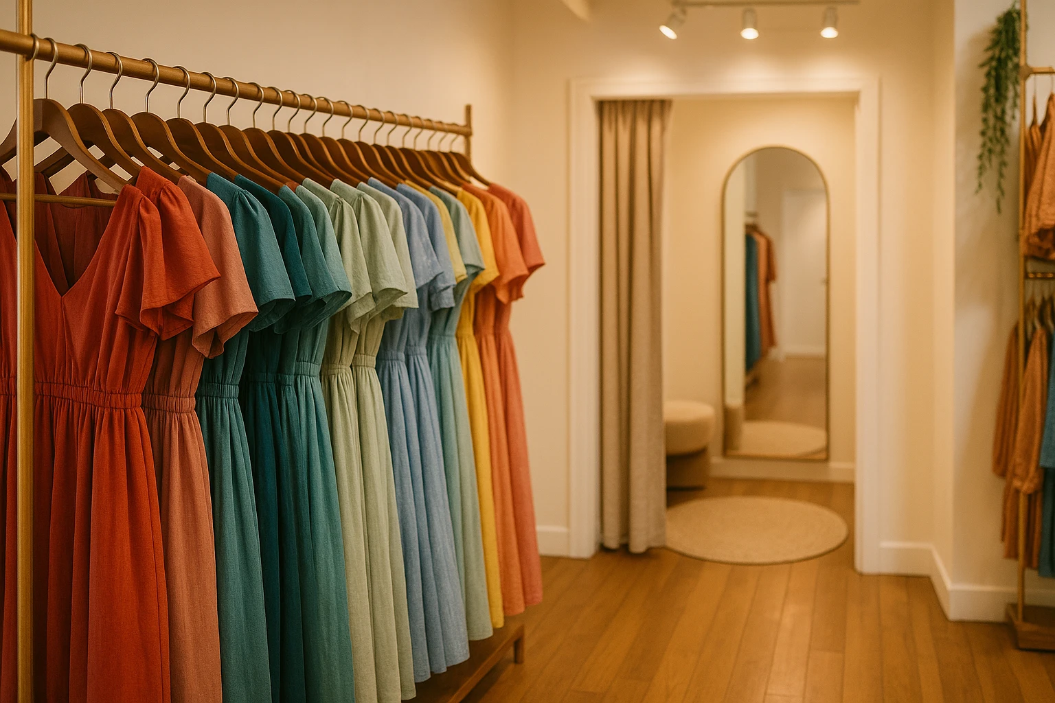 A cozy boutique interior showcasing a variety of colorful dresses on elegant wooden hangers, with a well-lit fitting room area in the background, emphasizing the personalized shopping experience offered by DressMeUpNY.