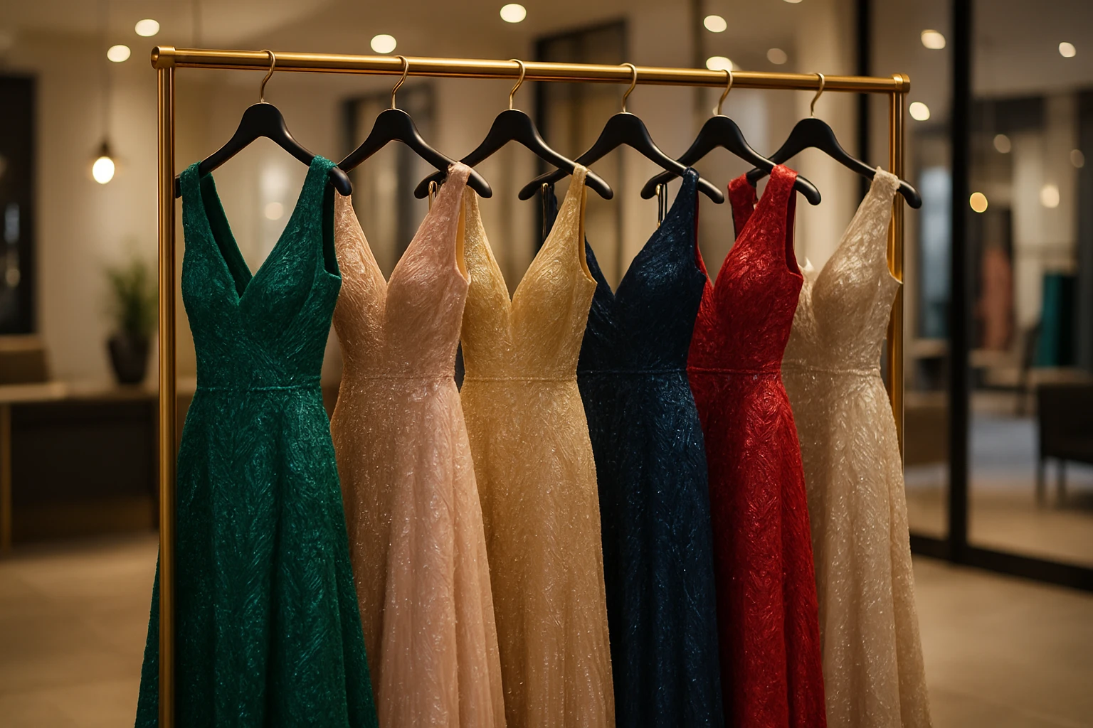 A rack filled with vibrant, elegant evening gowns featuring intricate beading and luxurious fabrics against a backdrop of a chic, modern boutique with soft ambient lighting.
