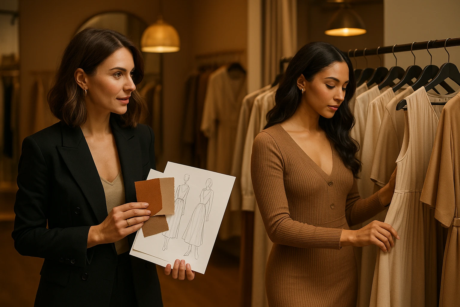 A chic, stylish boutique interior showcasing a personalized stylist consultation in progress, with a stylist holding fabric swatches and design sketches next to a customer browsing a dress rack, under warm, elegant lighting.