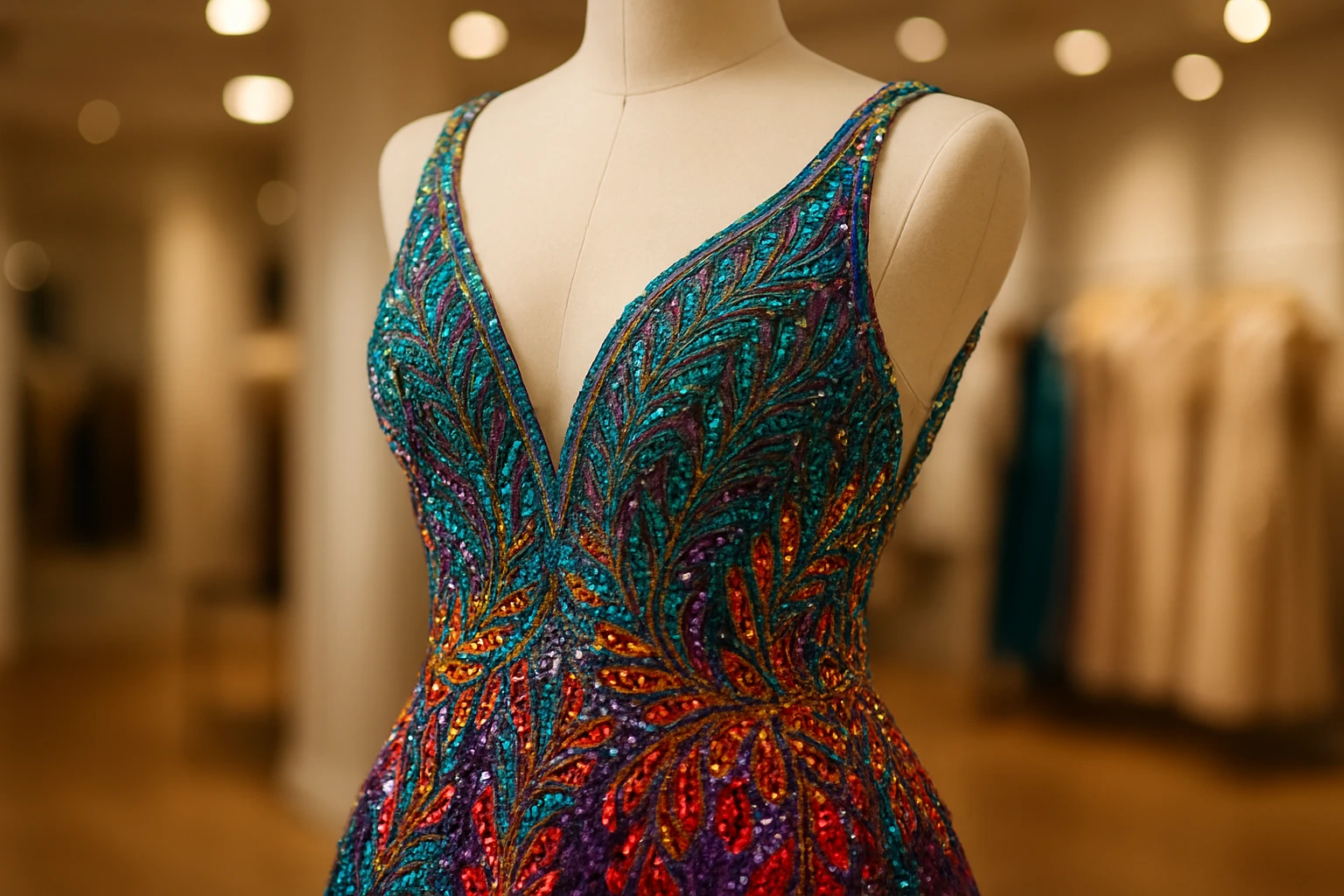 A close-up of a stylish evening dress with intricate beadwork and vibrant colors, displayed elegantly on a mannequin in a brightly lit boutique setting, showcasing the craftsmanship and design quality offered by DressMeUpNY.