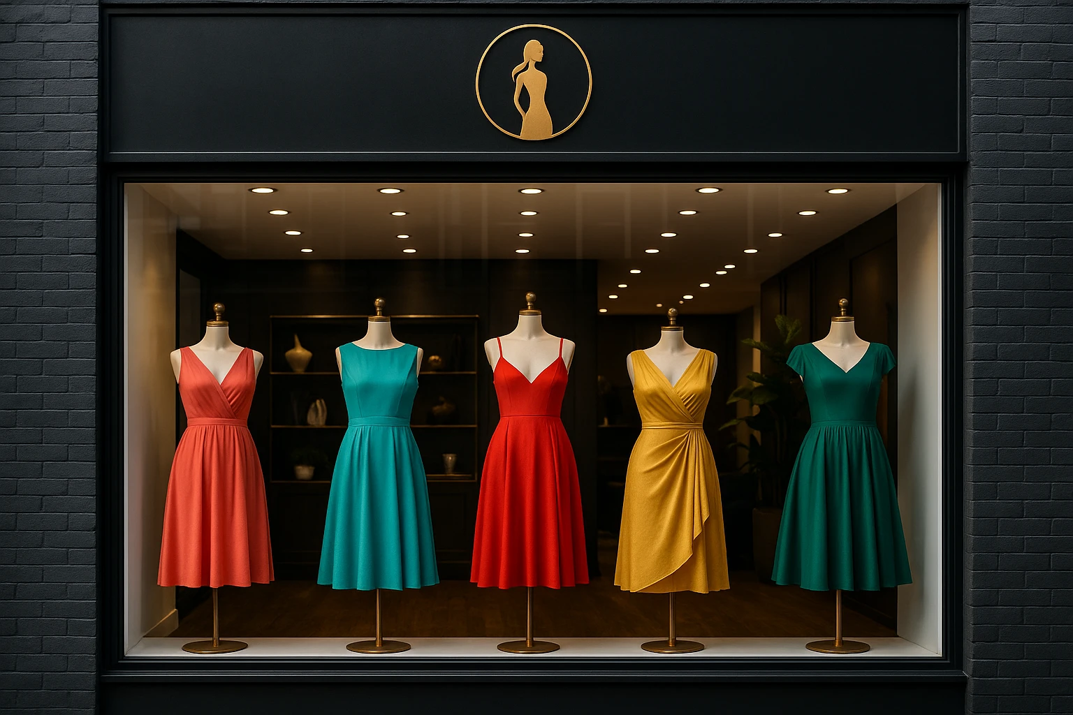 A vibrant boutique storefront featuring DressMeUpNY's elegant logo prominently displayed. In the window, an array of colorful dresses are artfully arranged on mannequins, each adorned with unique details, set against a backdrop of sleek, modern decor.