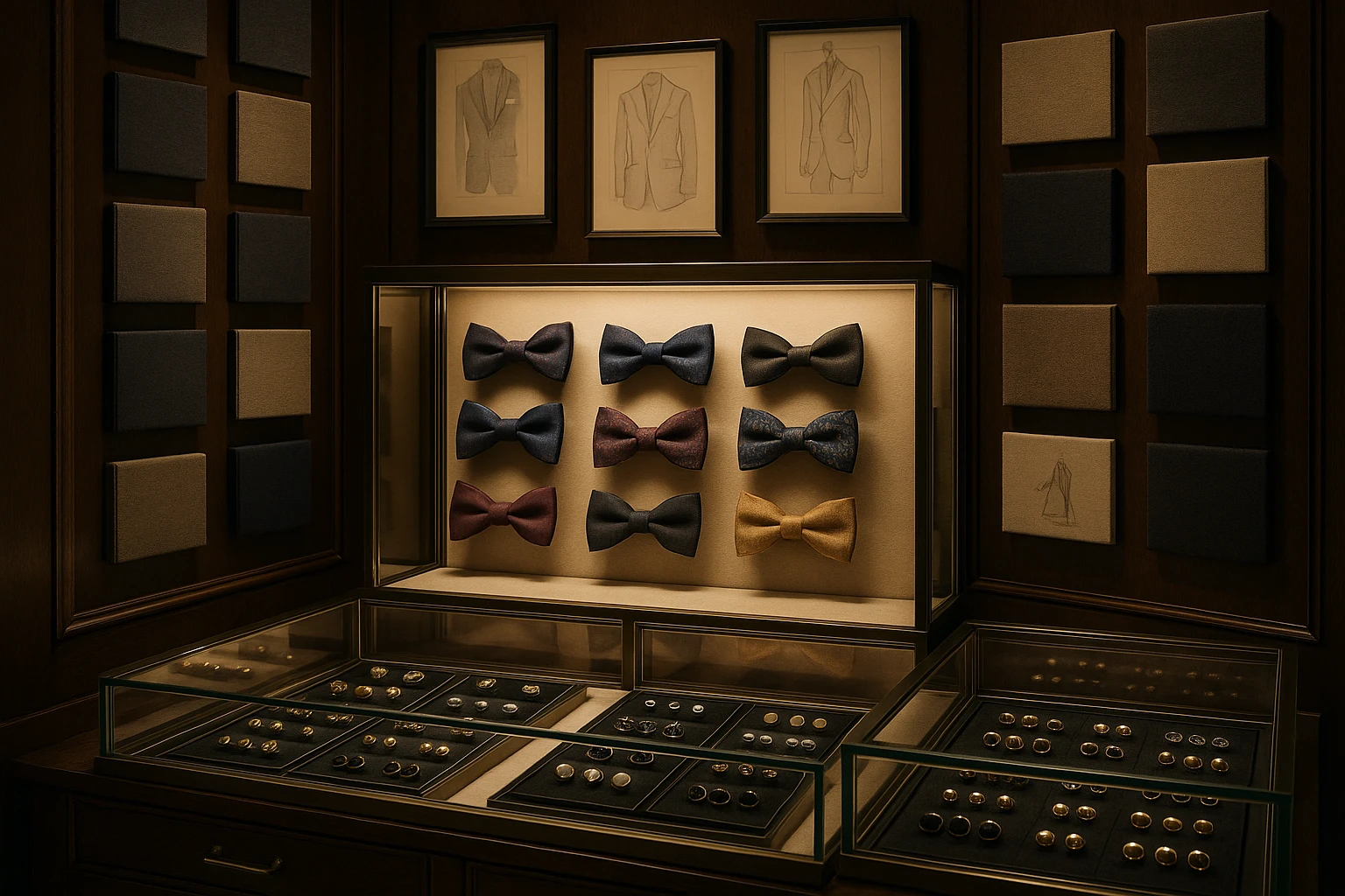 A luxurious boutique interior showcasing an array of intricately designed bow ties and cufflinks displayed in illuminated glass cases, surrounded by walls adorned with elegant fabric swatches and fashion sketches.