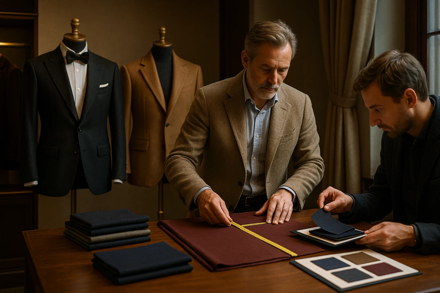 A cozy boutique interior featuring elegant formal wear displayed on velvet mannequins, with a tailor measuring fabrics and a customer examining luxurious fabric swatches under a soft, ambient light.