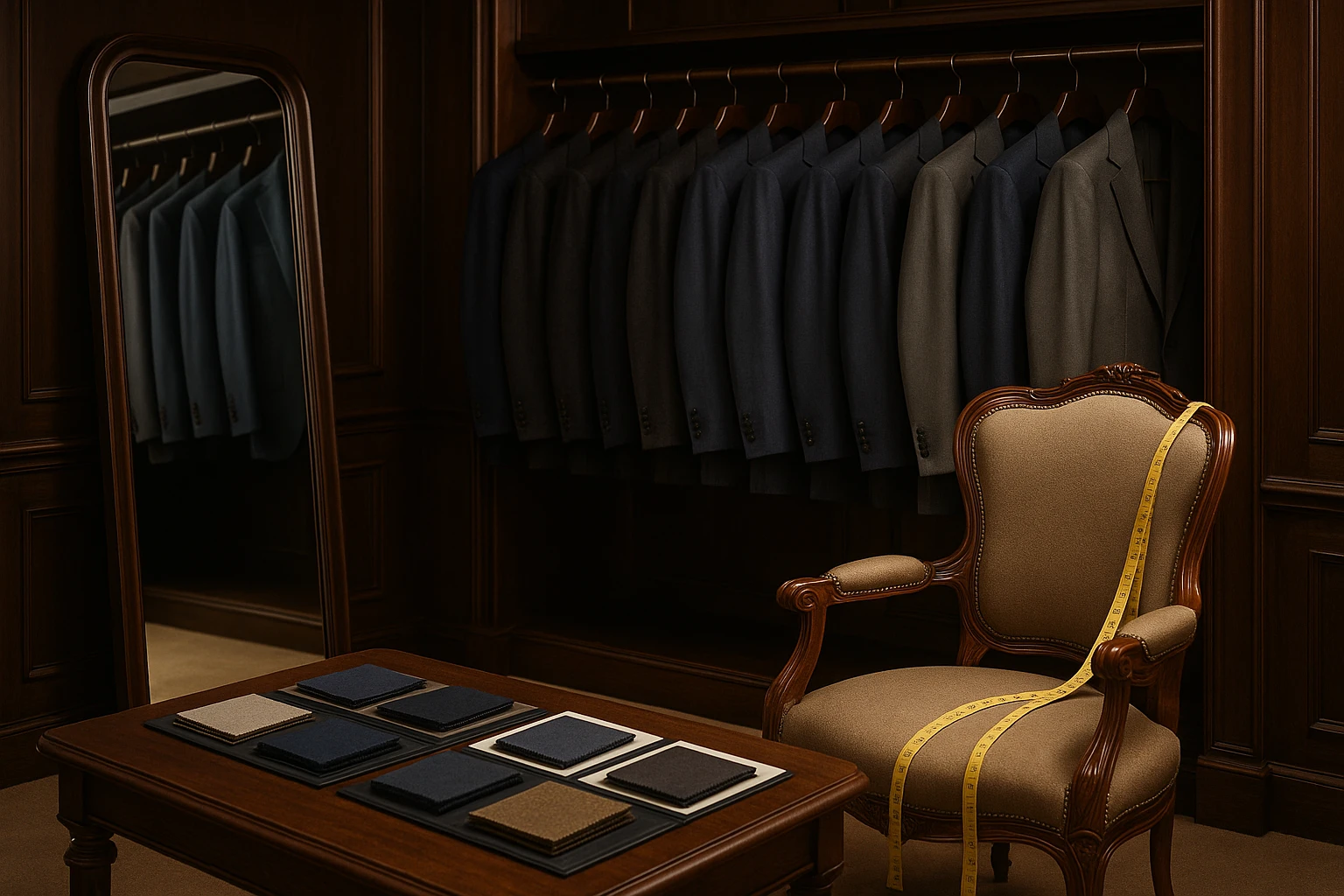 A luxurious fitting room with a full-length mirror, an array of finely tailored suits on wooden hangers, fabric swatches laid out on a nearby table, and a vintage tape measure elegantly draped over an antique chair.