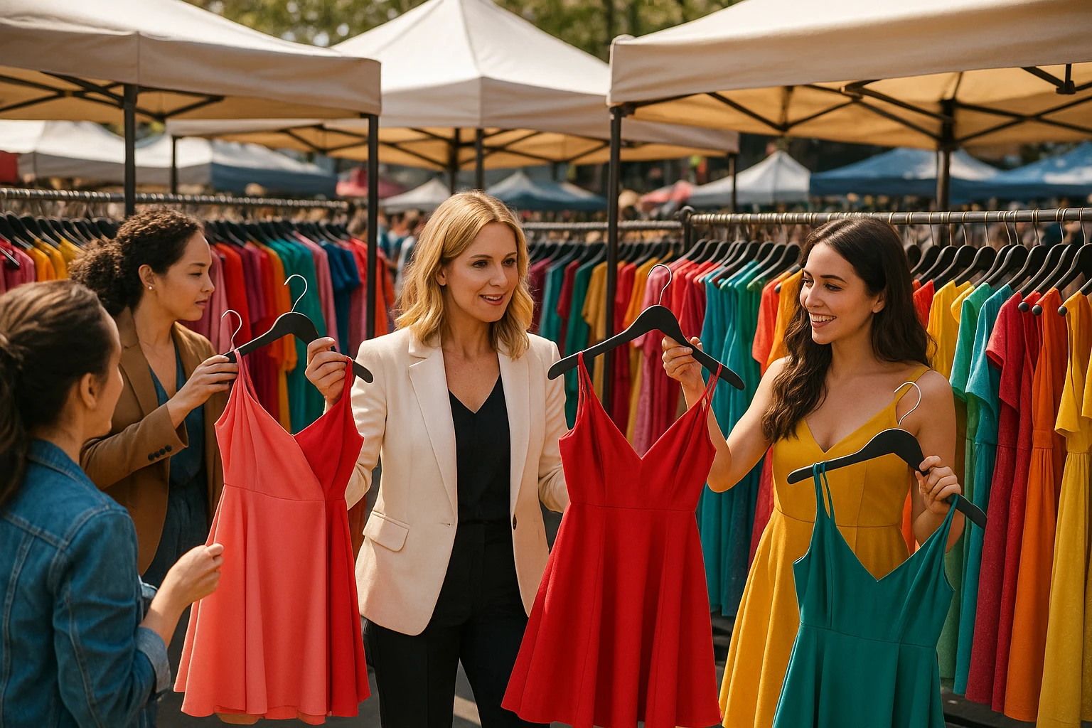 A vibrant outdoor fashion market scene with a variety of colorful cocktail dresses hanging from racks under stylish tents, while fashion experts hold up different dress options, discussing choices with enthusiastic shoppers amidst a lively atmosphere.