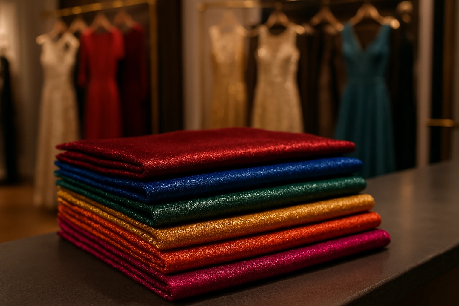 A close-up of luxurious fabric swatches in vibrant colors and shimmering textures, stacked neatly on a counter inside a boutique in NYC's Fashion District, with a background of elegant gowns hanging on racks.