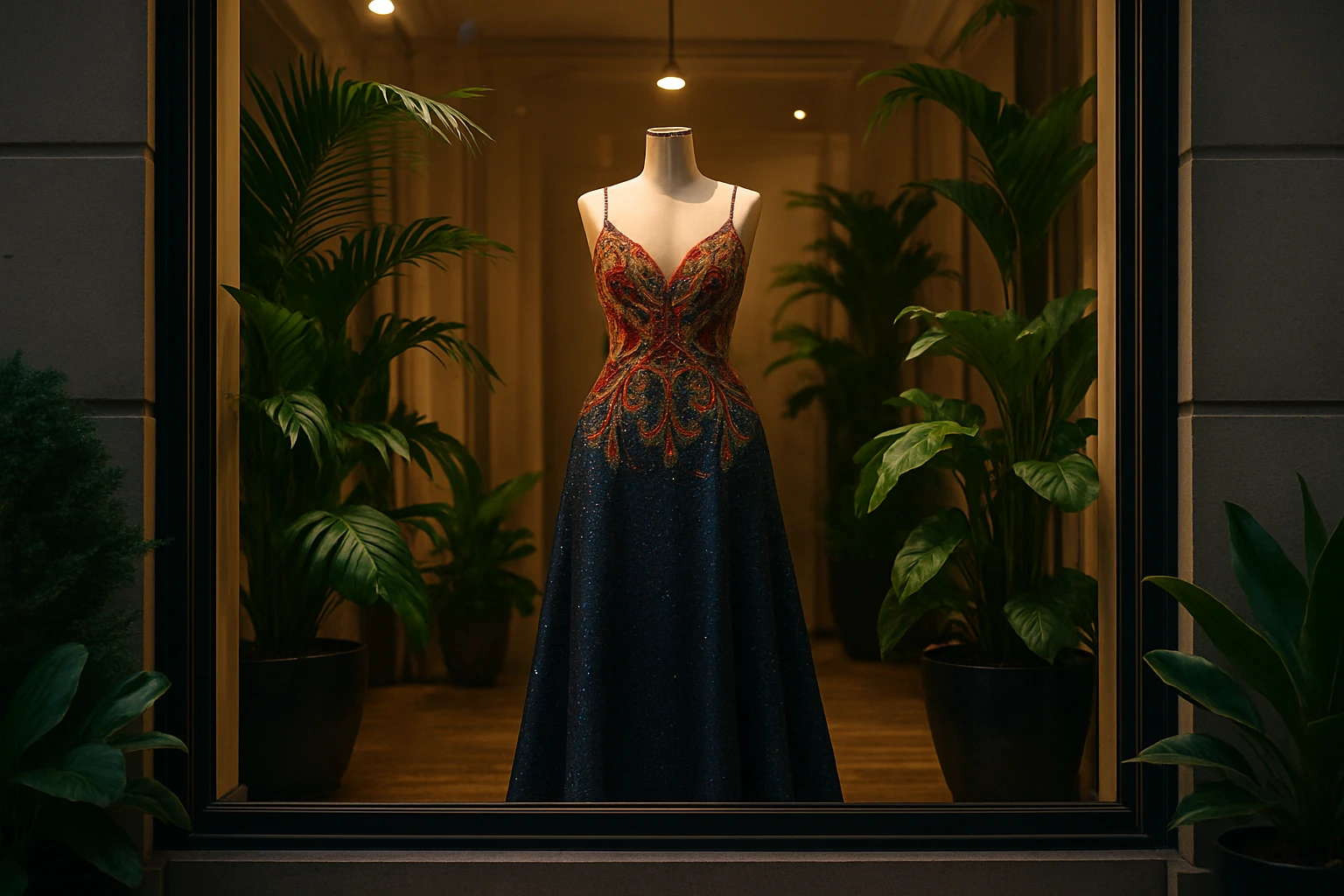 A chic boutique window display on Madison Avenue showcases an elegant formal gown with intricate beadwork and bold colors, surrounded by lush green plants and soft, ambient lighting that highlights the sophistication of New York's exclusive fashion scene.