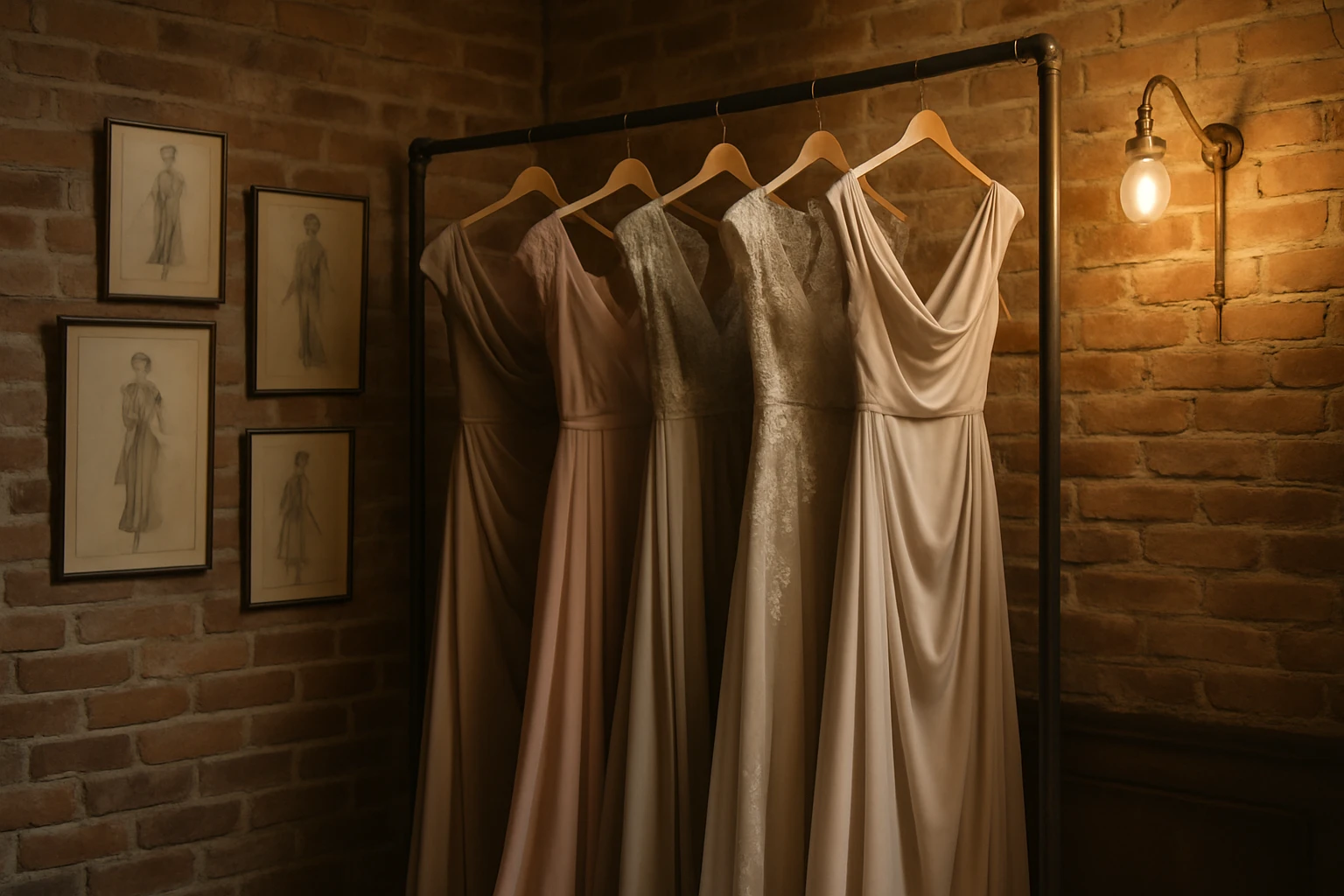 A cozy, tucked-away boutique in New York City's Garment District features a display of elegantly draped silk gowns in muted tones, accented with delicate lace overlays, set against an exposed brick wall adorned with vintage fashion sketches and soft, warm lighting.