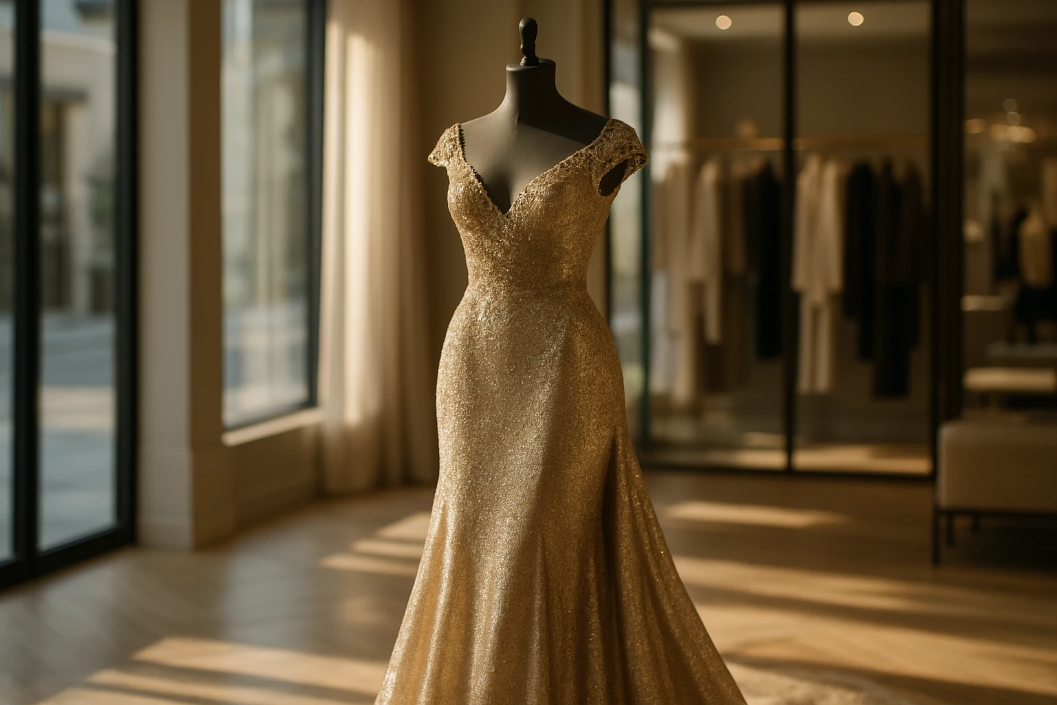 A luxurious designer gown draped elegantly over a mannequin in a sunlit, stylish boutique, capturing the essence of high-end fashion with intricate detailing and a shimmering finish, hinting at a seamless online shopping experience.